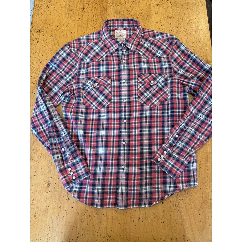 Faherty Western Shirt Size M Red Navy Plaid Organic Cotton Pearl Snap Shirt